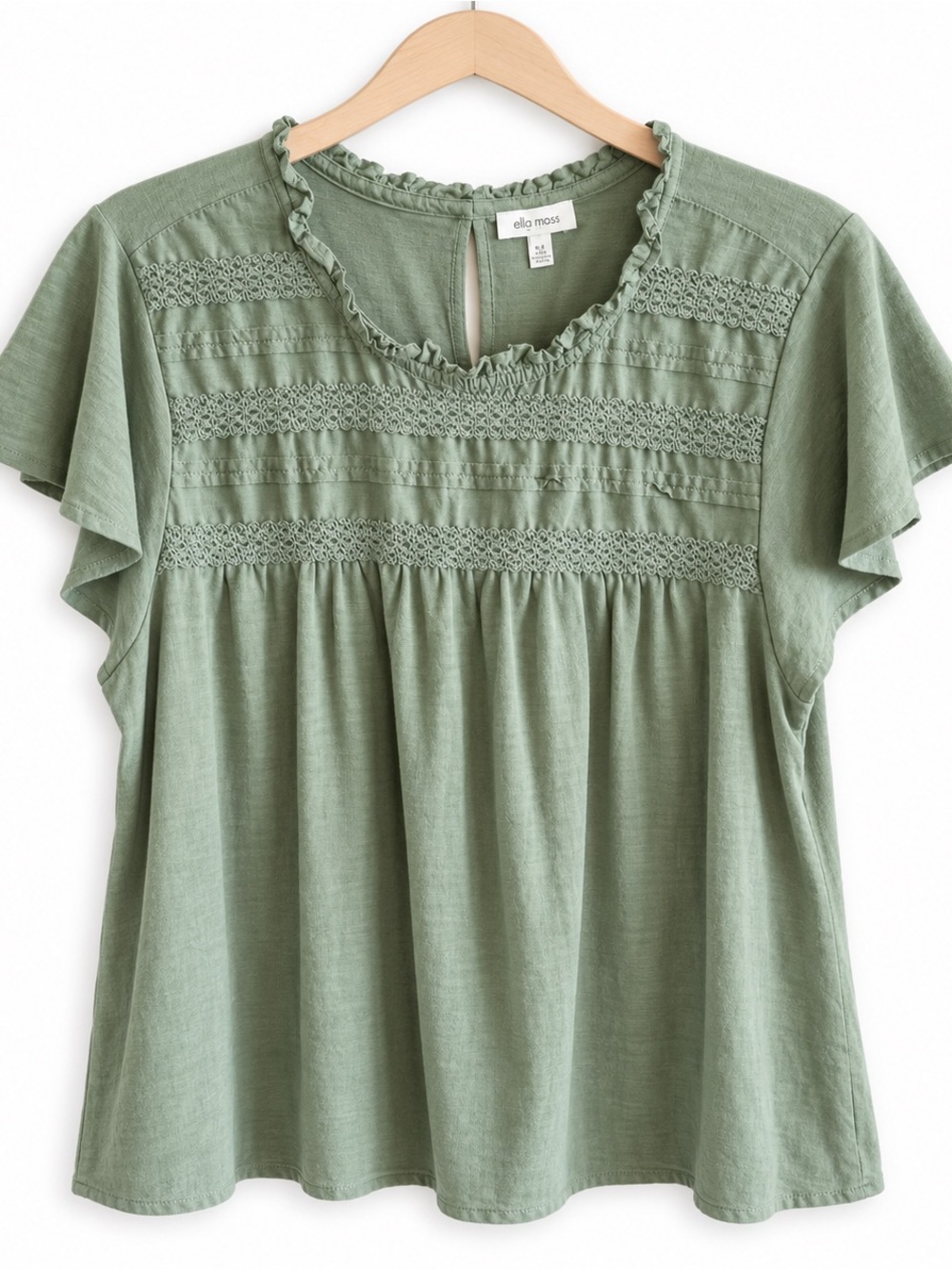 Ella Moss XL Sage Green Crochet Lace Flutter Sleeve Boho Top